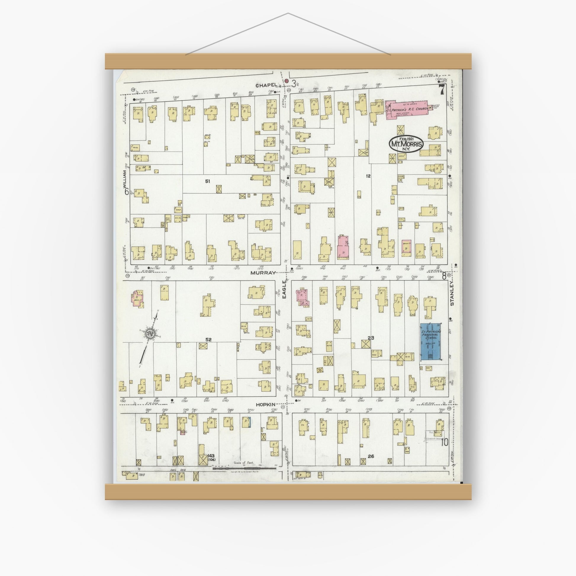 Old map wall art mockup — magnetic wood frame on white wall — Sanborn Fire Insurance Map from Mount Morris, Livingston County, New York (1921), Sheet #0007