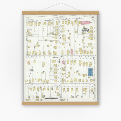 Old map wall art mockup — magnetic wood frame on white wall — Sanborn Fire Insurance Map from Mount Morris, Livingston County, New York (1921), Sheet #0007