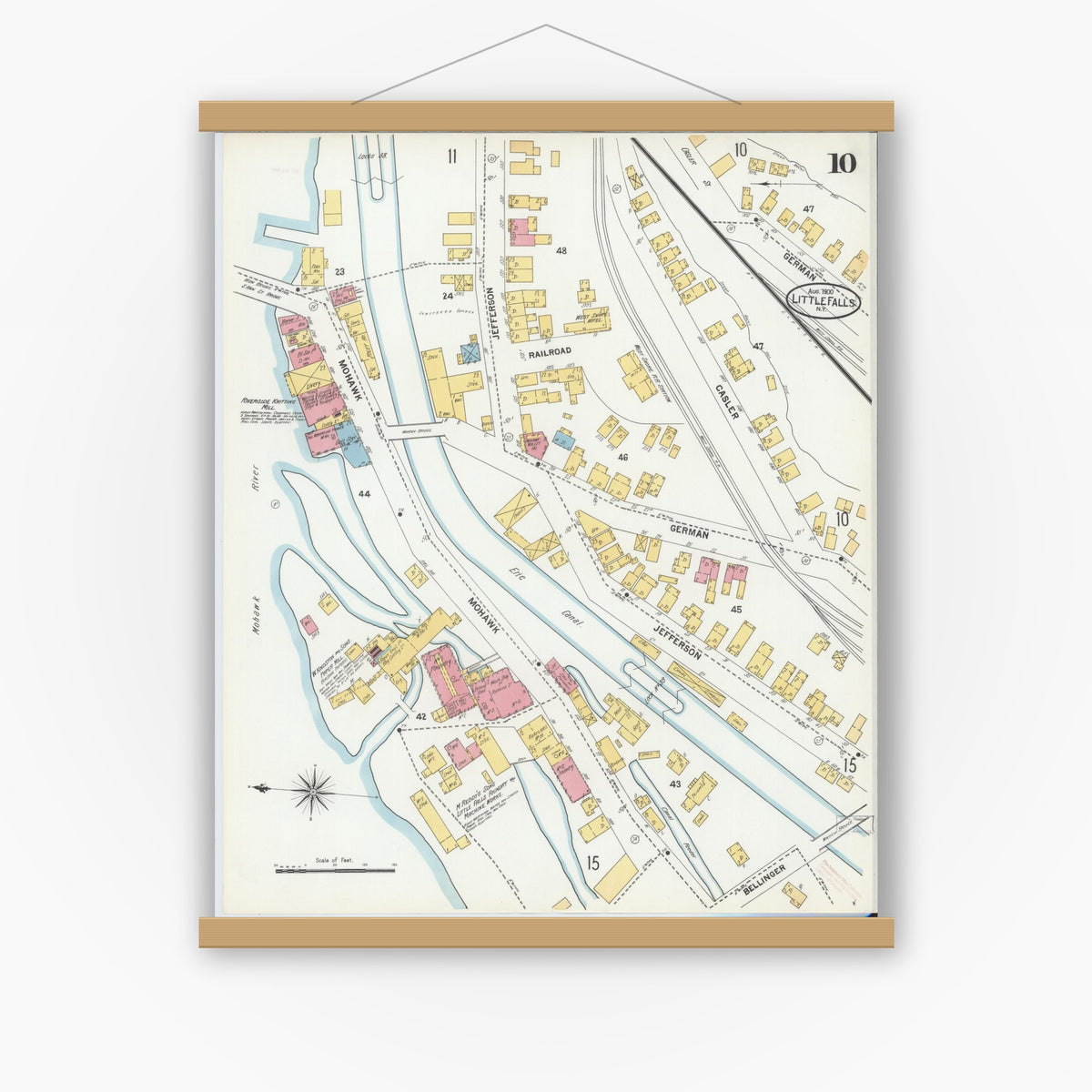 Old map wall art mockup — magnetic wood frame on white wall — Sanborn Fire Insurance Map from Little Falls, Herkimer County, New York (1900), Sheet #0010