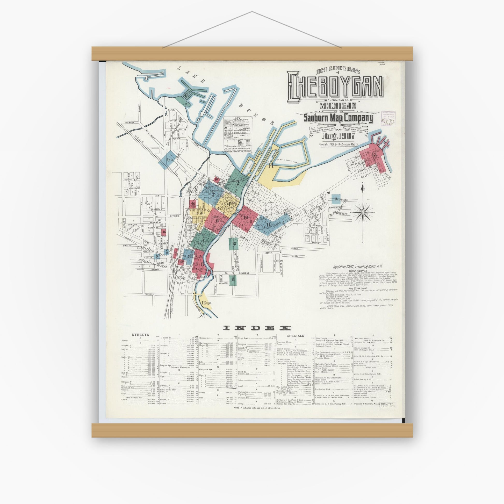 Old map wall art mockup — magnetic wood frame on white wall — Sanborn Fire Insurance Map from Cheboygan, Cheboygan County, Michigan (1907), Sheet #0001