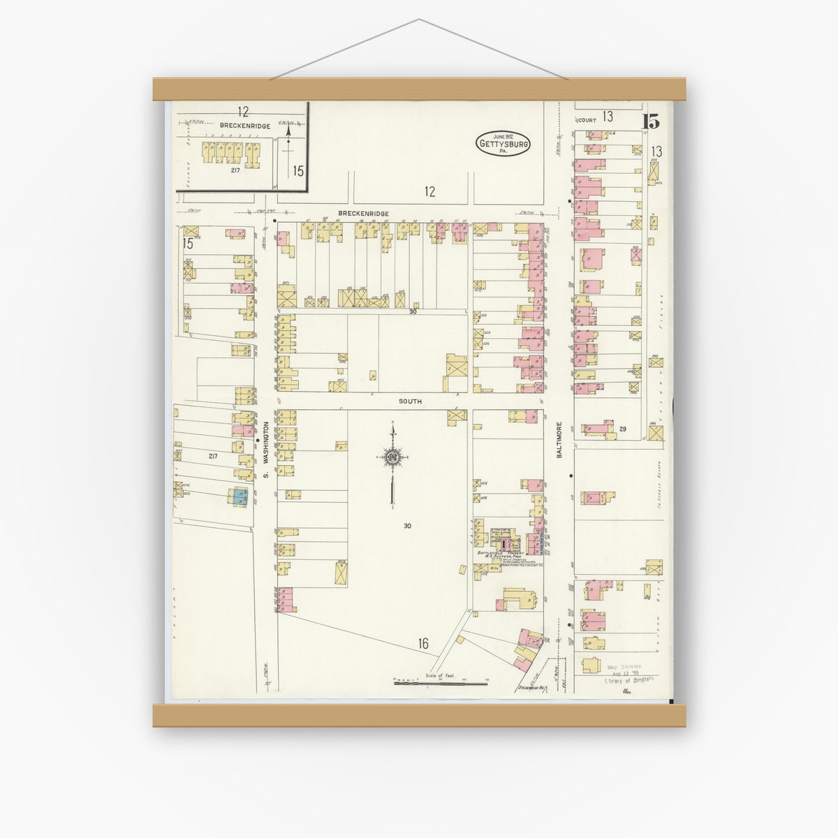 Old map wall art mockup — magnetic wood frame on white wall — Sanborn Fire Insurance Map from Gettysburg, Adams County, Pennsylvania (1912), Sheet #0015