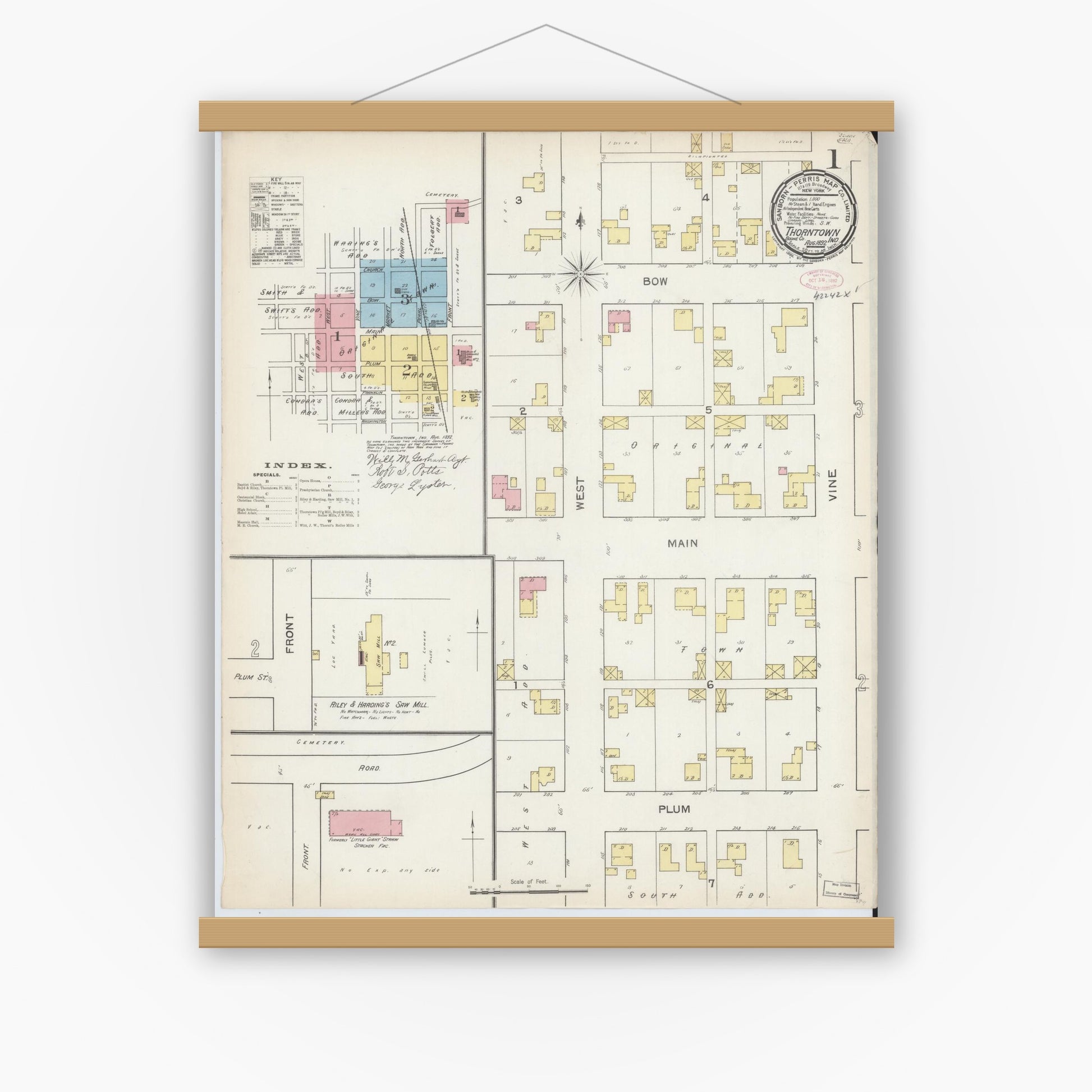 Old map wall art mockup — magnetic wood frame on white wall — Sanborn Fire Insurance Map from Thorntown, Boone County, Indiana (1892) - Complete Map Set