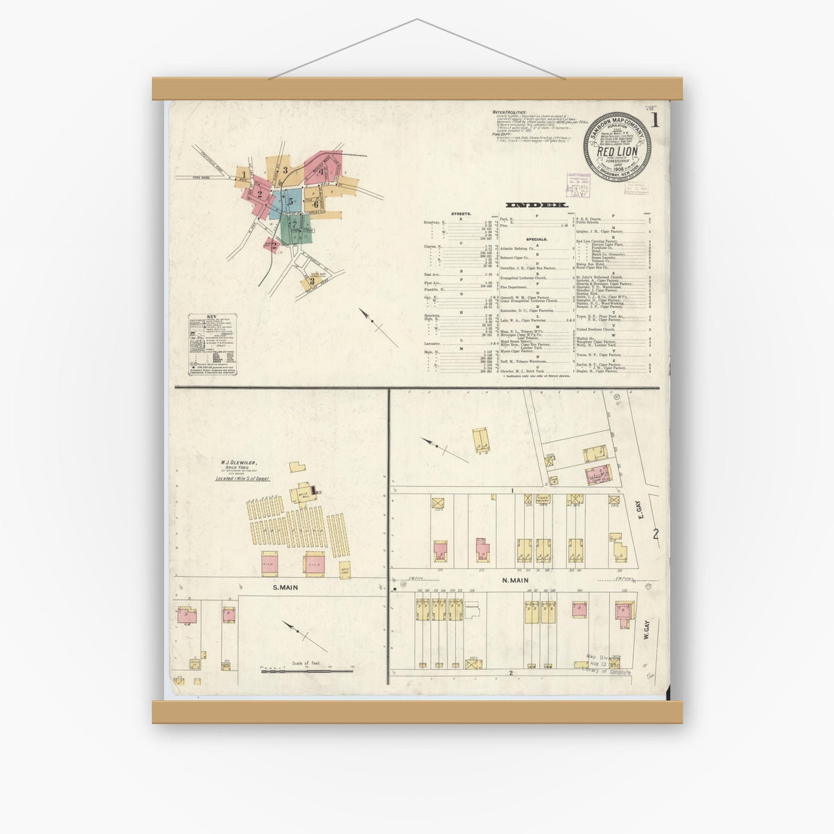 Old map wall art mockup — magnetic wood frame on white wall — Sanborn Fire Insurance Map from Red Lion, York County, Pennsylvania (1908), Sheet #0001