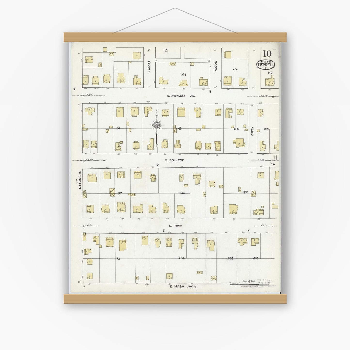 Old map wall art mockup — magnetic wood frame on white wall — Sanborn Fire Insurance Map from Terrell, Kaufman County, Texas (1921), Sheet #0010