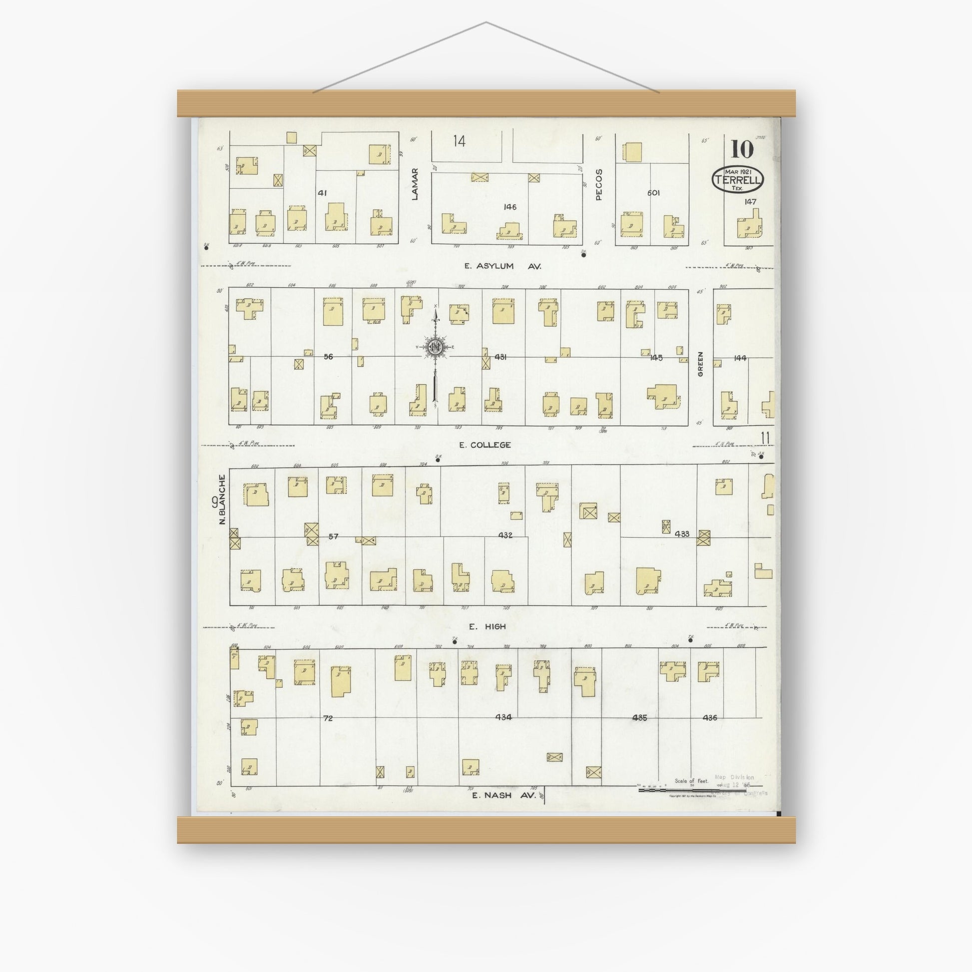 Old map wall art mockup — magnetic wood frame on white wall — Sanborn Fire Insurance Map from Terrell, Kaufman County, Texas (1921), Sheet #0010