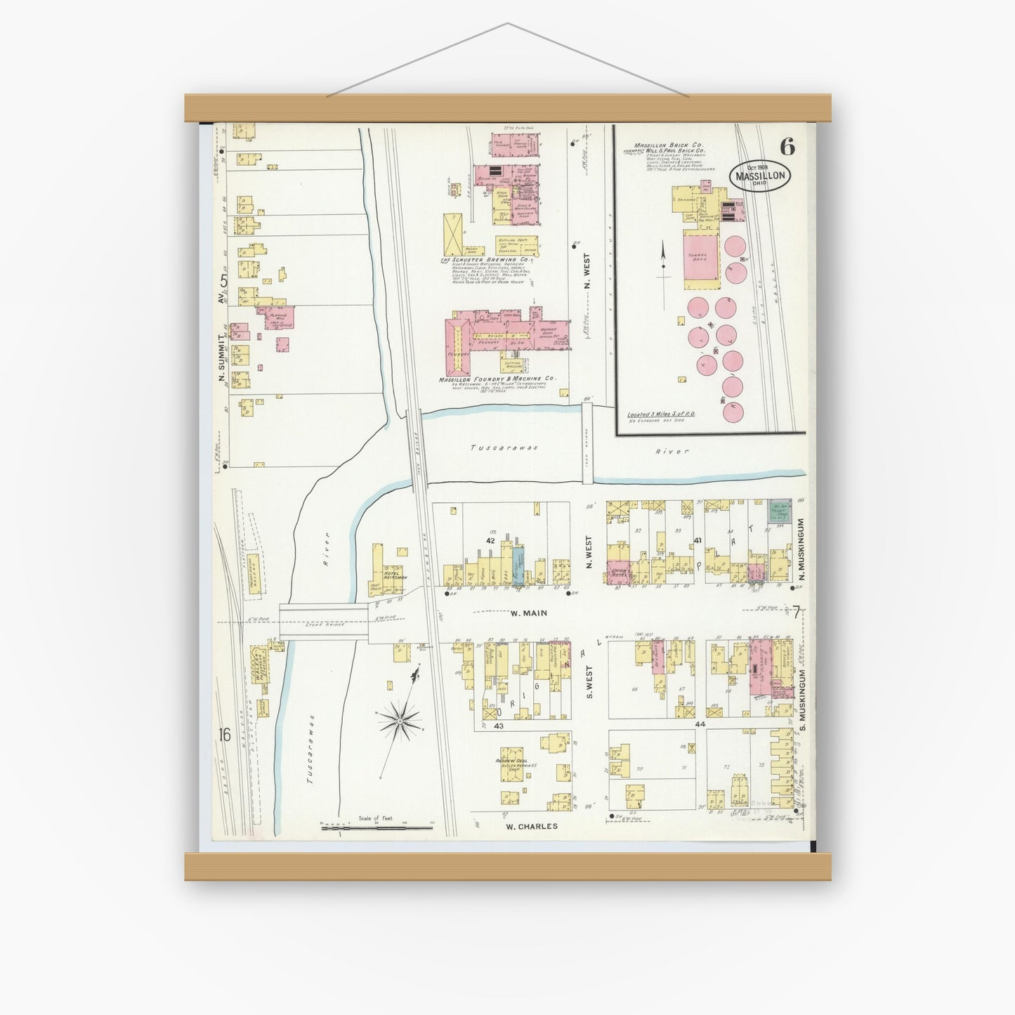 Old map wall art mockup — magnetic wood frame on white wall — Sanborn Fire Insurance Map from Massillon, Stark County, Ohio (1908), Sheet #0006
