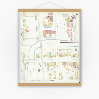Old map wall art mockup — magnetic wood frame on white wall — Sanborn Fire Insurance Map from Massillon, Stark County, Ohio (1908), Sheet #0006