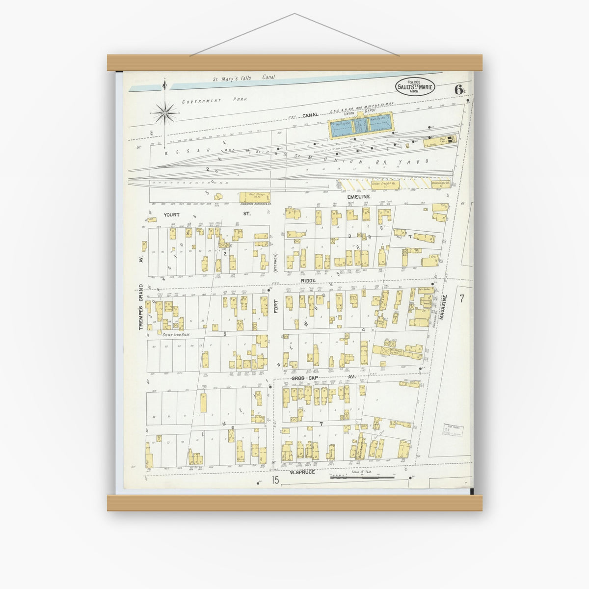 Old map wall art mockup — magnetic wood frame on white wall — Sanborn Fire Insurance Map from Sault Sainte Marie, Chippewa County, Michigan (1902), Sheet #0006