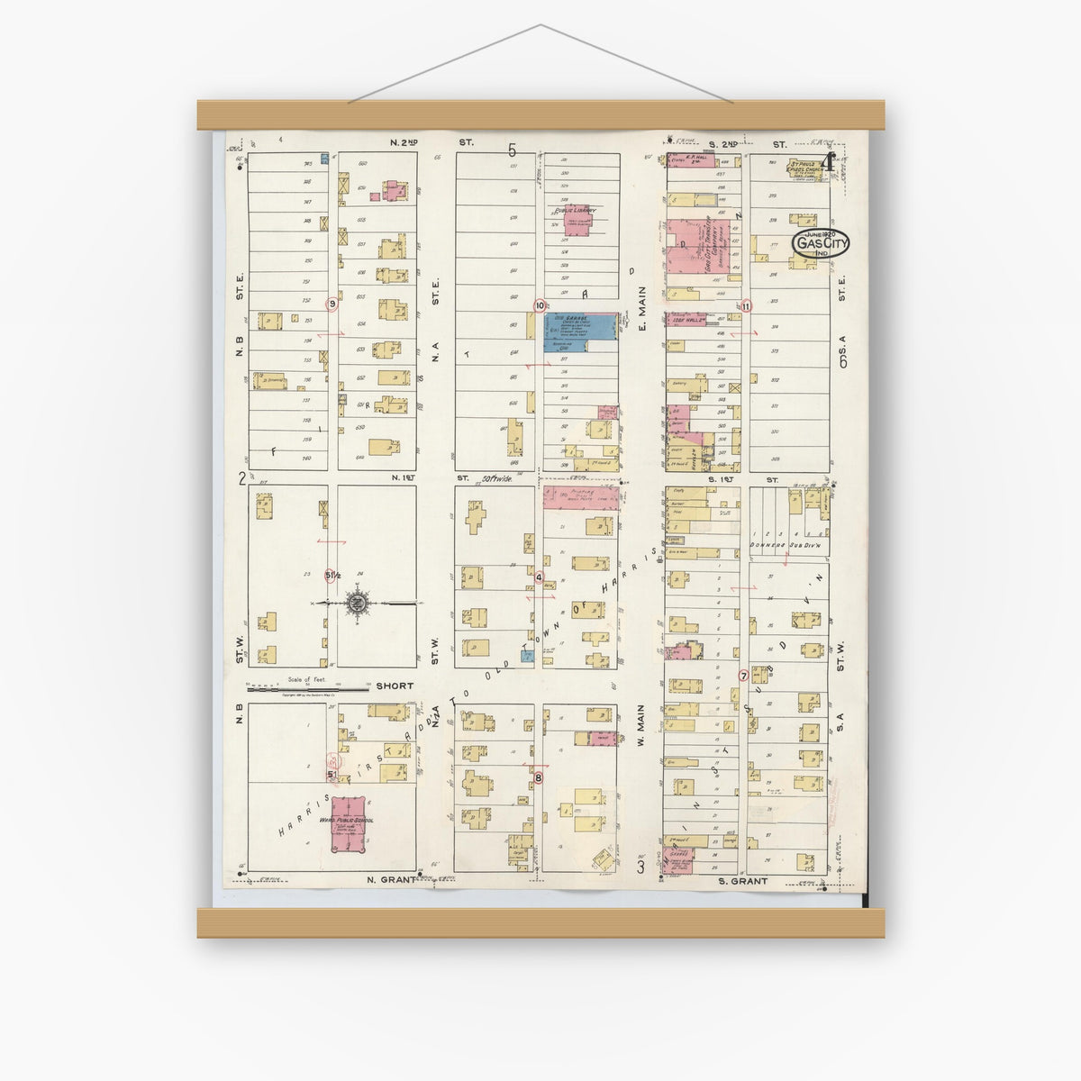 Old map wall art mockup — magnetic wood frame on white wall — Sanborn Fire Insurance Map from Gas City, Grant County, Indiana (1932), Sheet #0004