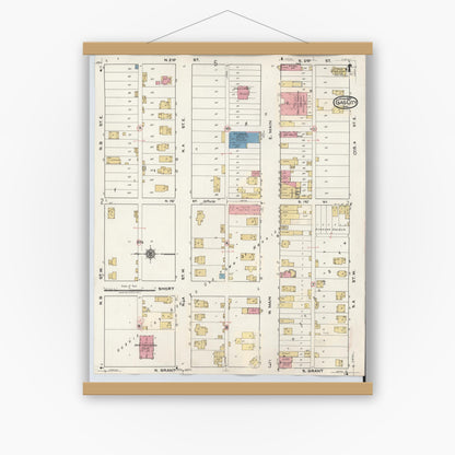 Old map wall art mockup — magnetic wood frame on white wall — Sanborn Fire Insurance Map from Gas City, Grant County, Indiana (1932), Sheet #0004