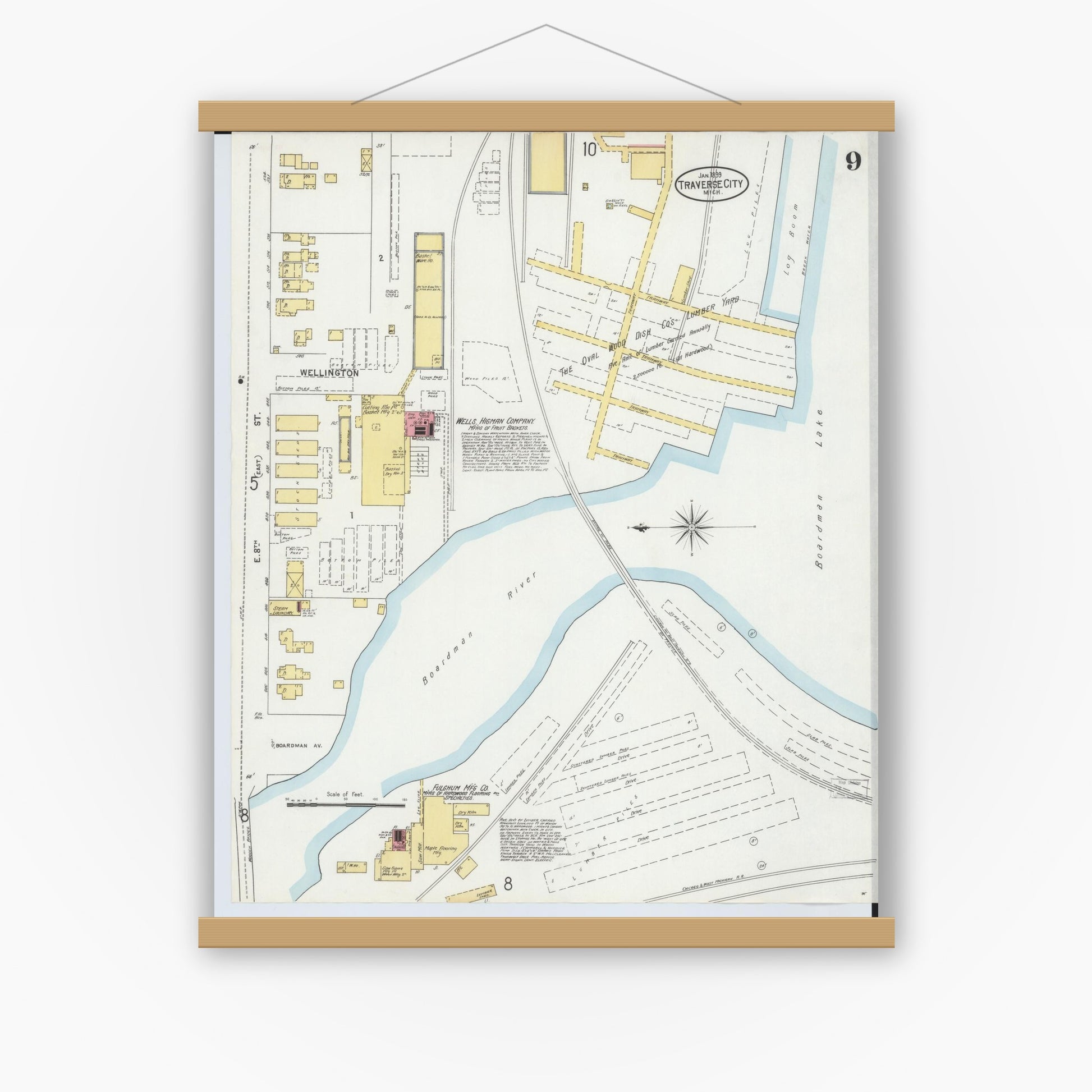 Old map wall art mockup — magnetic wood frame on white wall — Sanborn Fire Insurance Map from Traverse City, Grand Traverse County, Michigan (1899), Sheet #0009