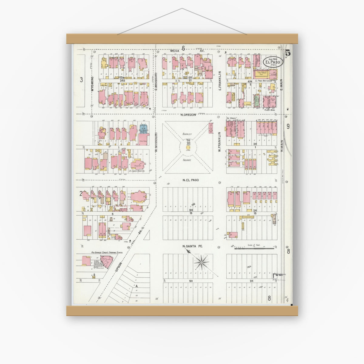 Old map wall art mockup — magnetic wood frame on white wall — Sanborn Fire Insurance Map from El Paso, El Paso County, Texas (1900), Sheet #0005