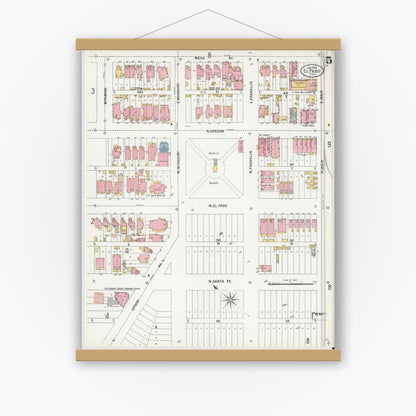 Old map wall art mockup — magnetic wood frame on white wall — Sanborn Fire Insurance Map from El Paso, El Paso County, Texas (1900), Sheet #0005