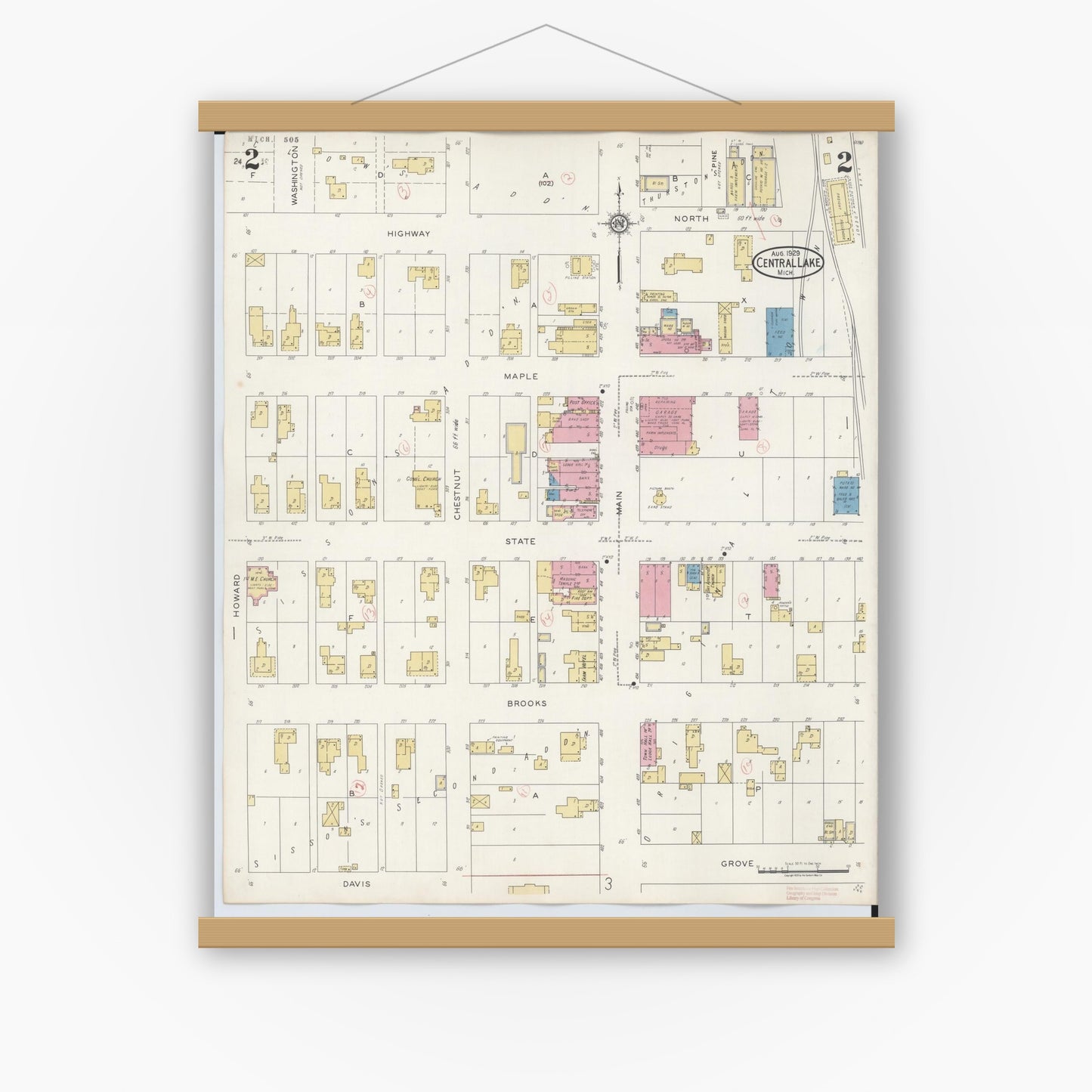 Old map wall art mockup — magnetic wood frame on white wall — Sanborn Fire Insurance Map from Central Lake, Antrim County, Michigan (1929), Sheet #0002