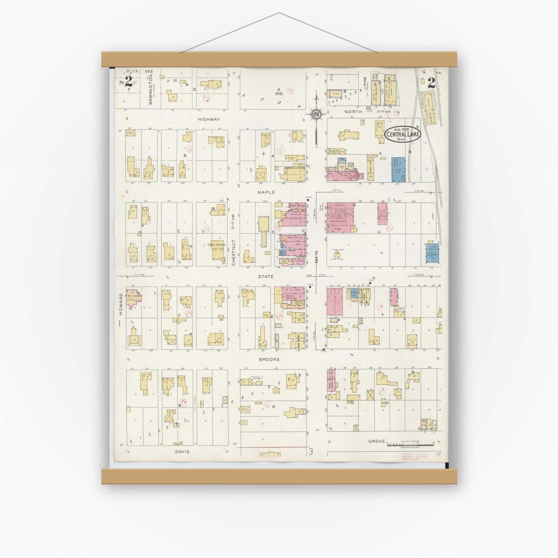 Old map wall art mockup — magnetic wood frame on white wall — Sanborn Fire Insurance Map from Central Lake, Antrim County, Michigan (1929), Sheet #0002