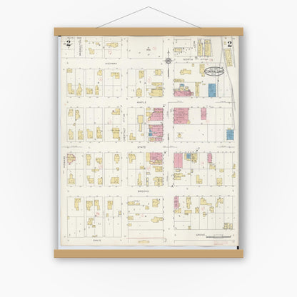 Old map wall art mockup — magnetic wood frame on white wall — Sanborn Fire Insurance Map from Central Lake, Antrim County, Michigan (1929), Sheet #0002