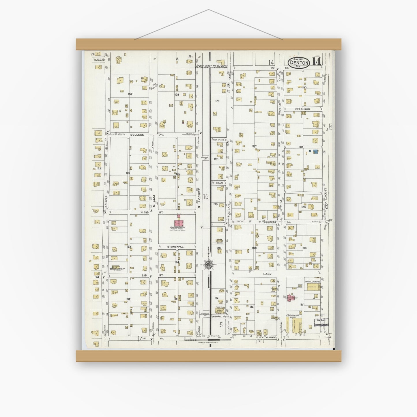 Old map wall art mockup — magnetic wood frame on white wall — Sanborn Fire Insurance Map from Denton, Denton County, Texas (1921), Sheet #0014