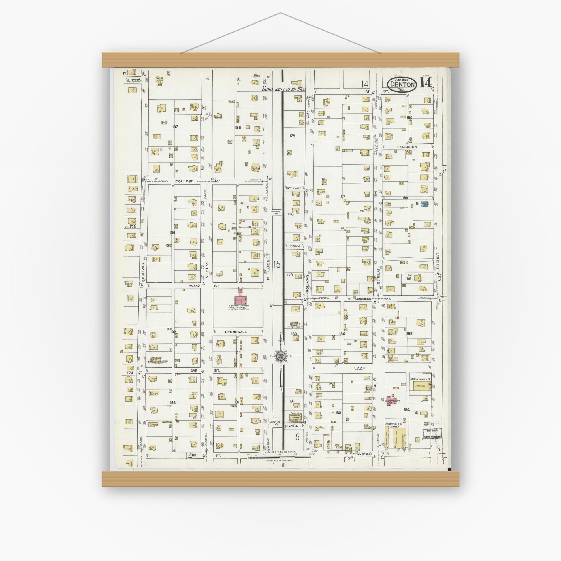 Old map wall art mockup — magnetic wood frame on white wall — Sanborn Fire Insurance Map from Denton, Denton County, Texas (1921), Sheet #0014