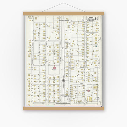 Old map wall art mockup — magnetic wood frame on white wall — Sanborn Fire Insurance Map from Denton, Denton County, Texas (1921), Sheet #0014