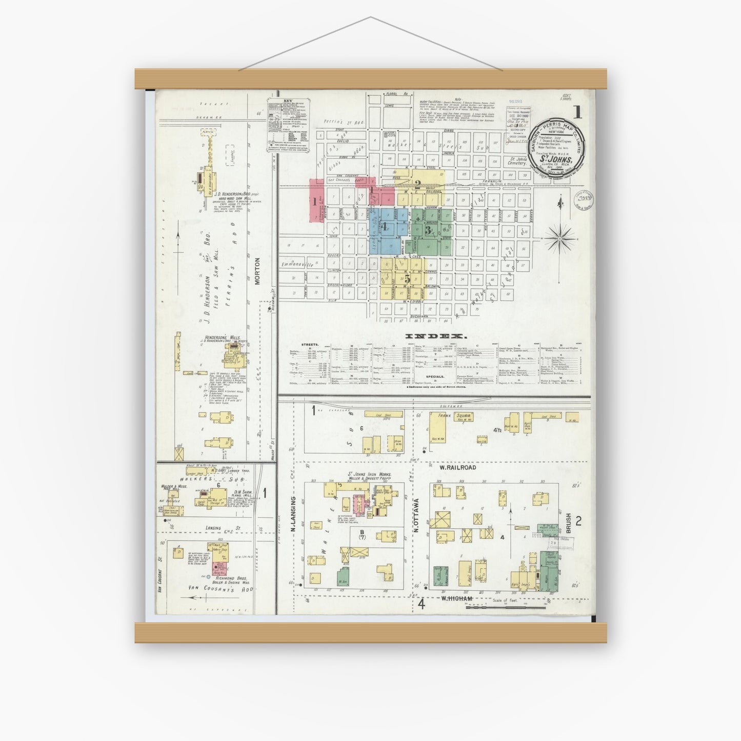 Old map wall art mockup — magnetic wood frame on white wall — Sanborn Fire Insurance Map from Saint Johns, Clinton County, Michigan (1900) - Complete Map Set