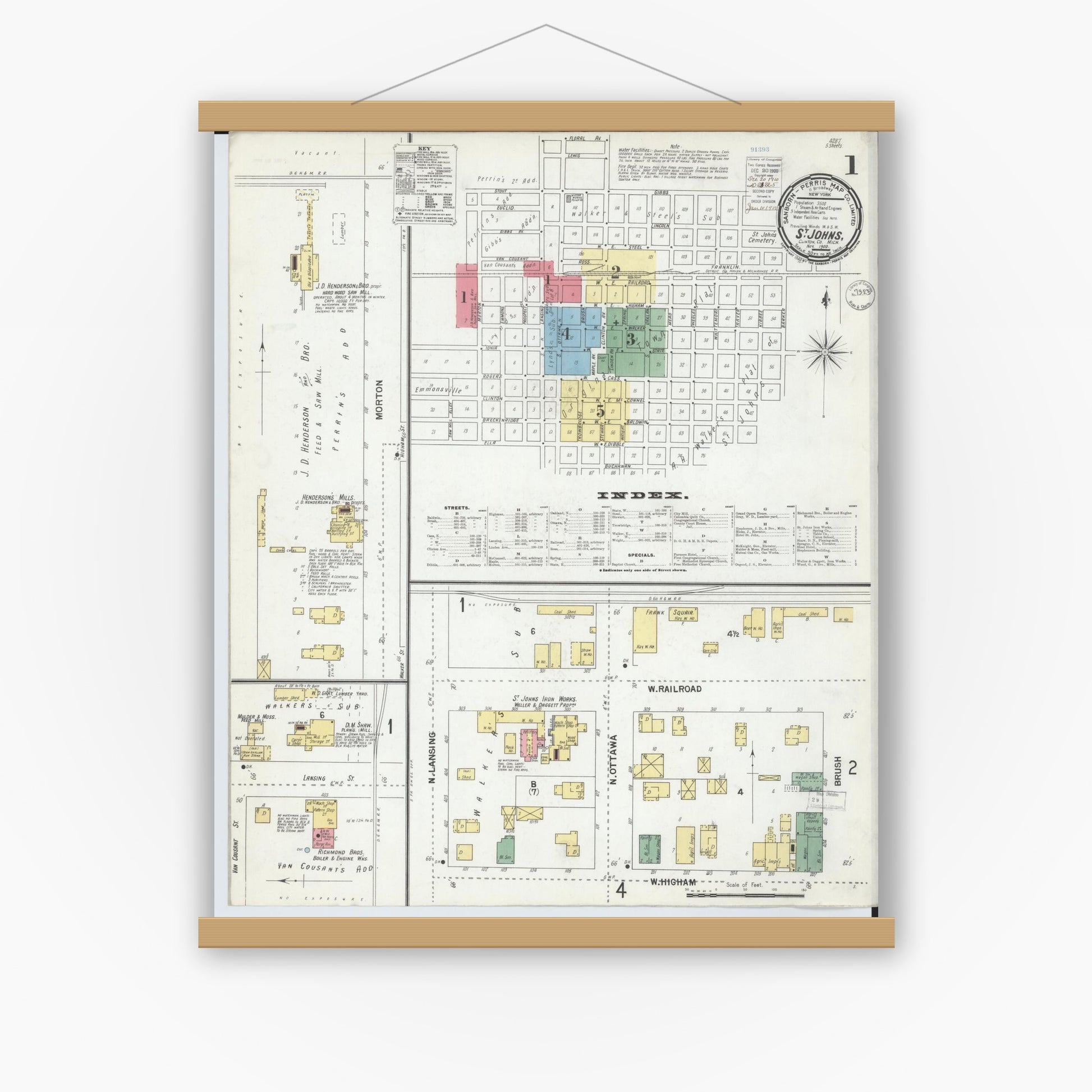Old map wall art mockup — magnetic wood frame on white wall — Sanborn Fire Insurance Map from Saint Johns, Clinton County, Michigan (1900) - Complete Map Set