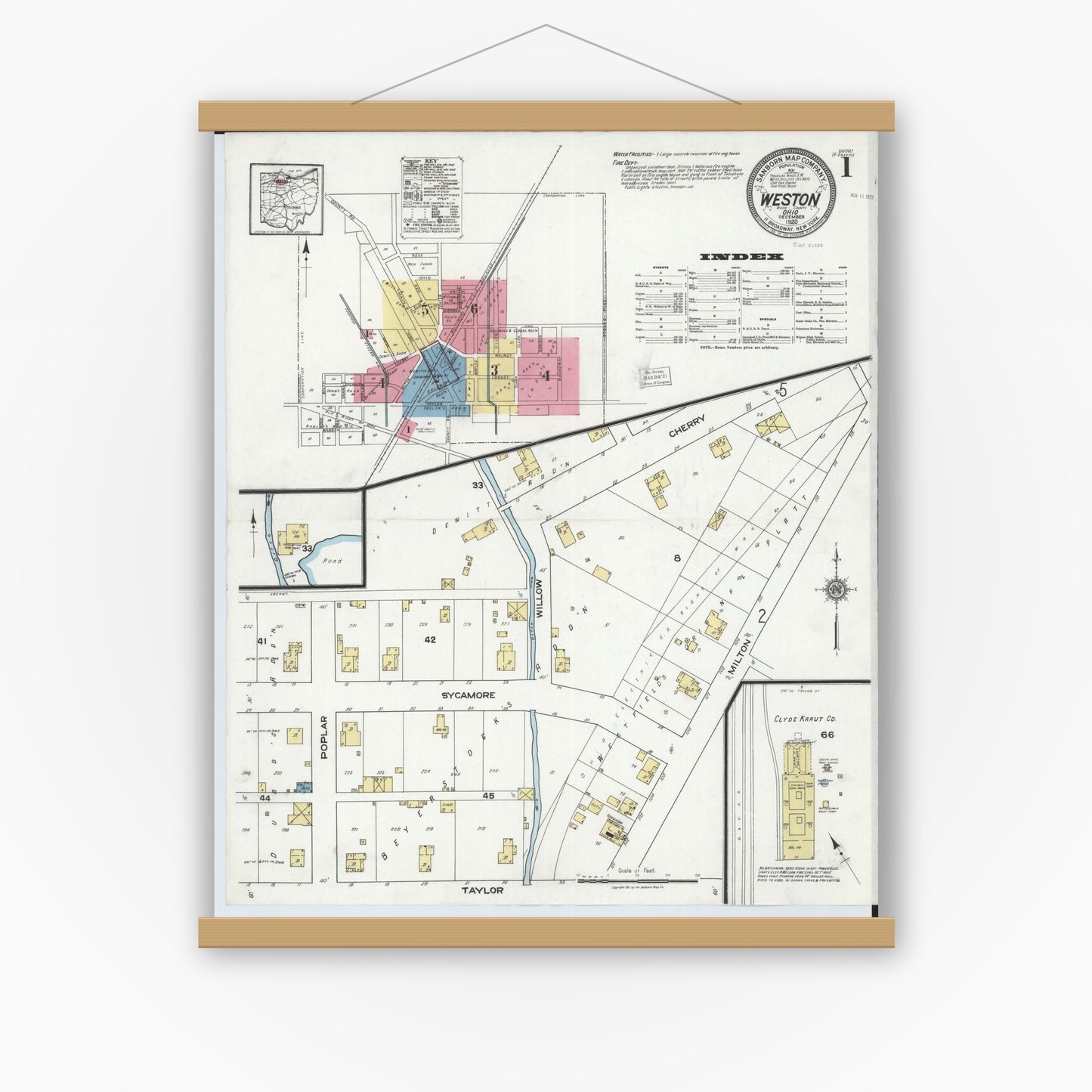 Old map wall art mockup — magnetic wood frame on white wall — Sanborn Fire Insurance Map from Weston, Wood County, Ohio (1920) - Complete Map Set