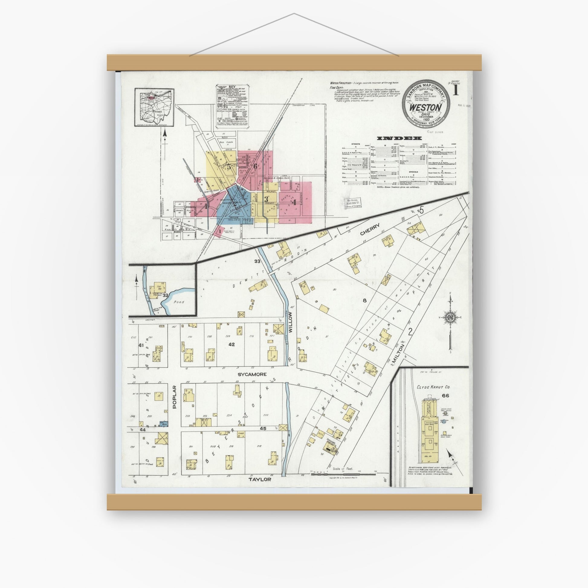 Old map wall art mockup — magnetic wood frame on white wall — Sanborn Fire Insurance Map from Weston, Wood County, Ohio (1920) - Complete Map Set