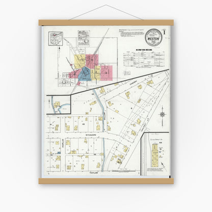Old map wall art mockup — magnetic wood frame on white wall — Sanborn Fire Insurance Map from Weston, Wood County, Ohio (1920) - Complete Map Set