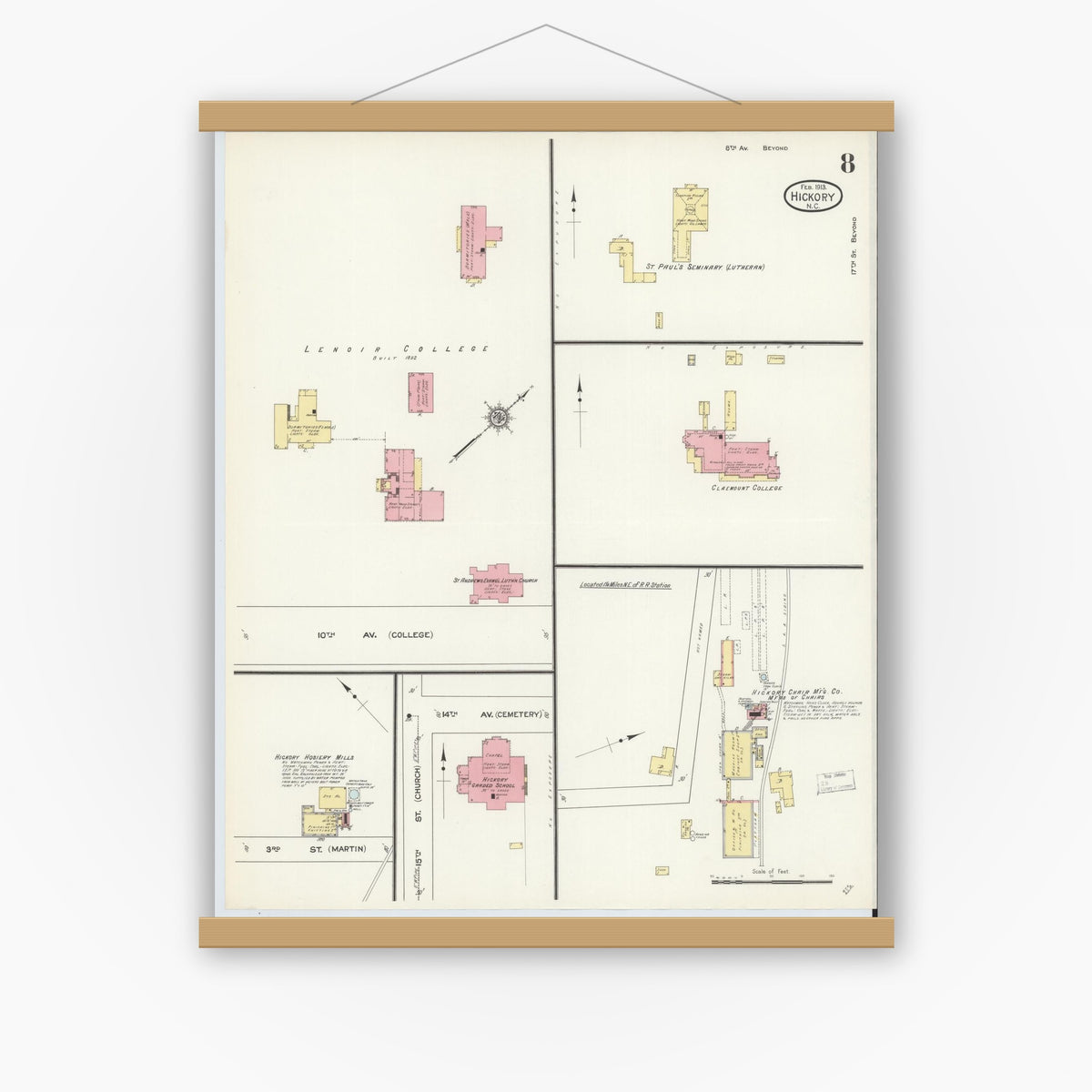 Old map wall art mockup — magnetic wood frame on white wall — Sanborn Fire Insurance Map from Hickory, Catawba County, North Carolina (1913), Sheet #0008