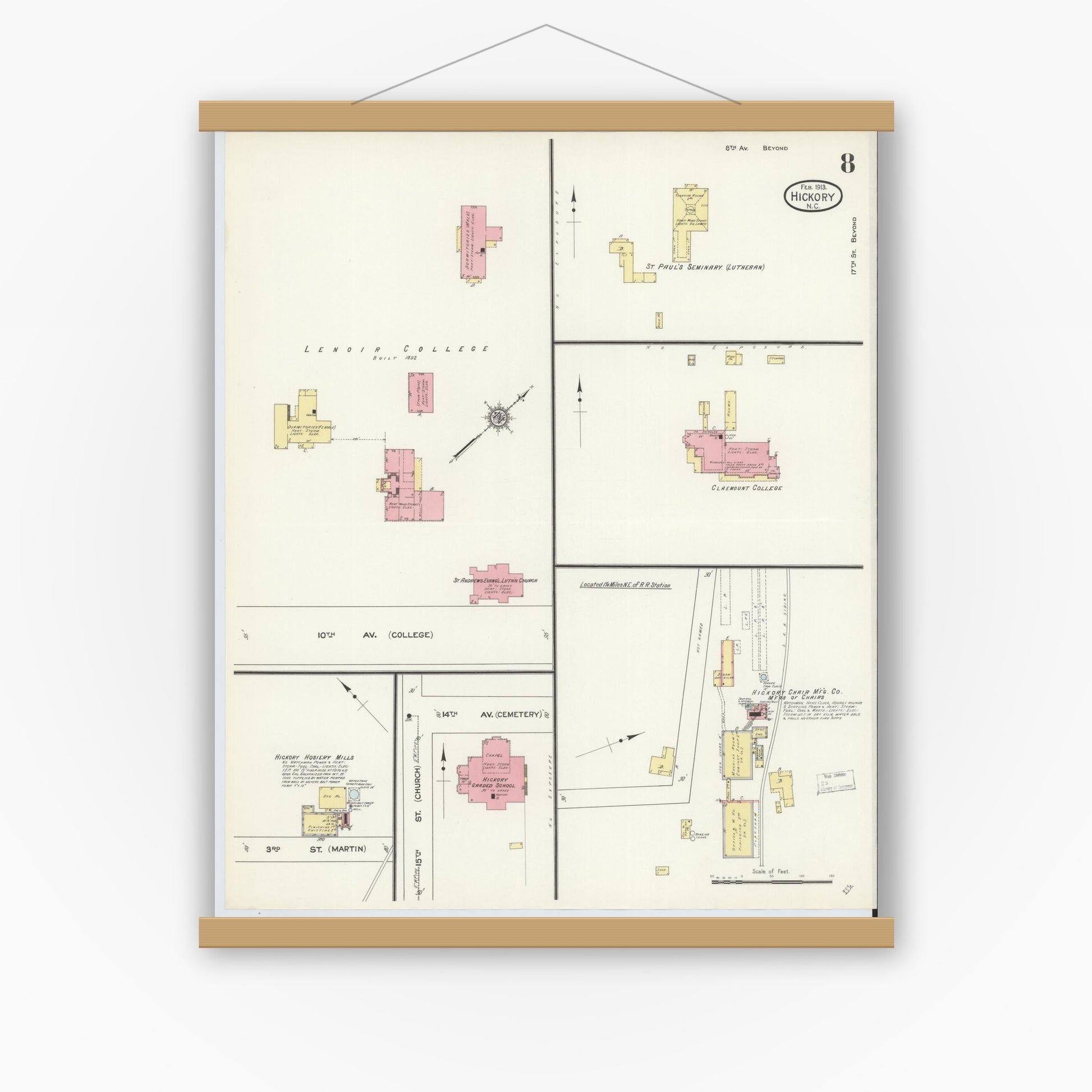 Old map wall art mockup — magnetic wood frame on white wall — Sanborn Fire Insurance Map from Hickory, Catawba County, North Carolina (1913), Sheet #0008