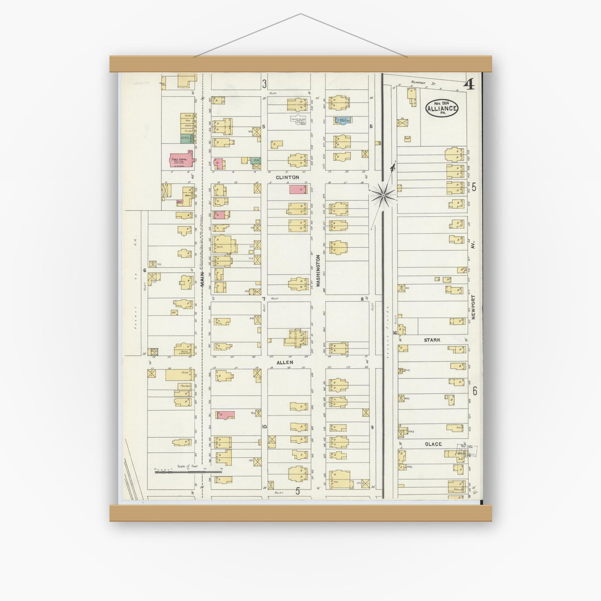Old map wall art mockup — magnetic wood frame on white wall — Sanborn Fire Insurance Map from Alliance, Northampton County, Pennsylvania (1904), Sheet #0004
