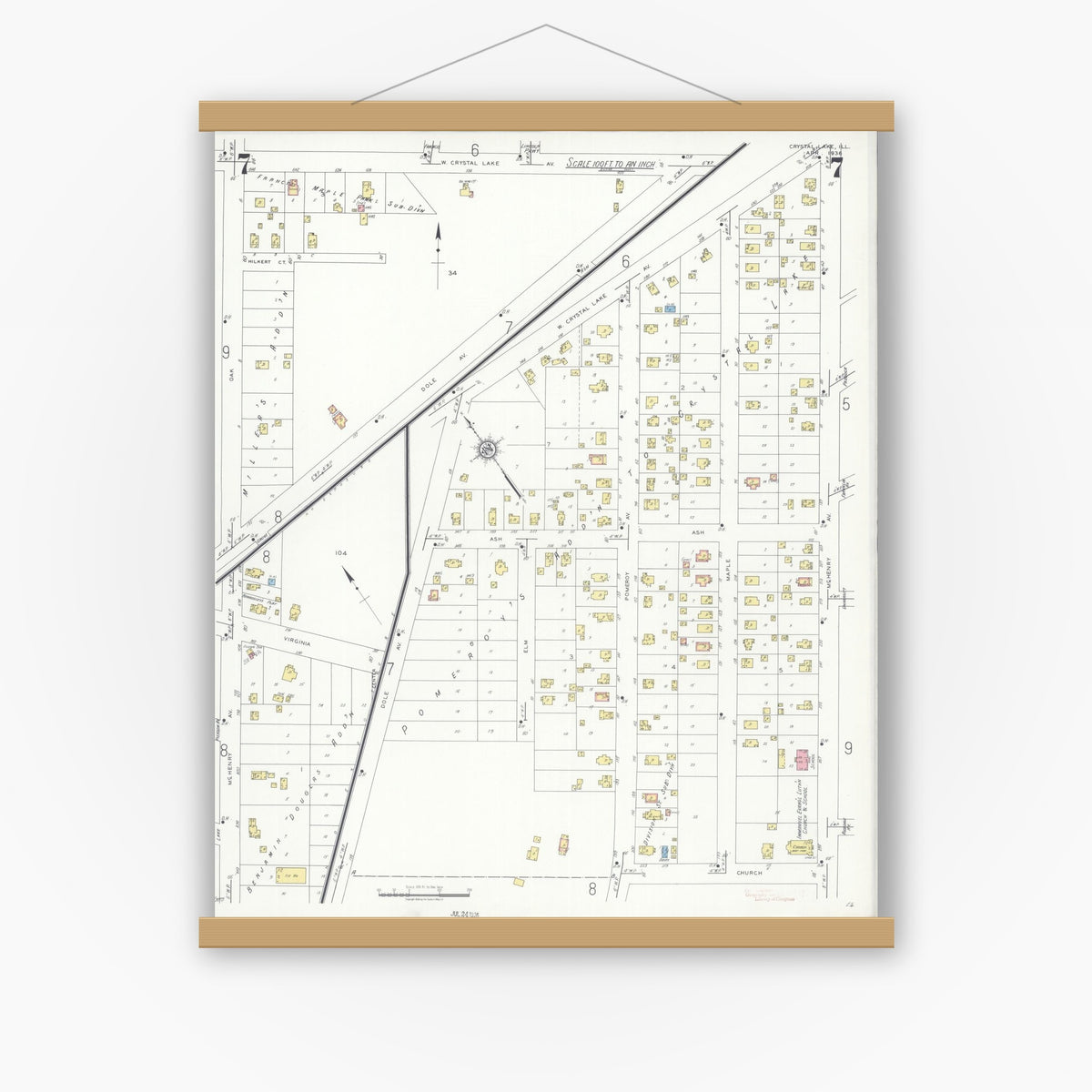 Old map wall art mockup — magnetic wood frame on white wall — Sanborn Fire Insurance Map from Crystal Lake, McHenry County, Illinois (1936), Sheet #0007