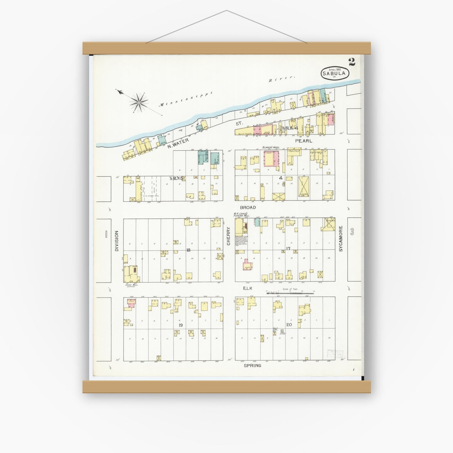 Old map wall art mockup — magnetic wood frame on white wall — Sanborn Fire Insurance Map from Sabula, Jackson County, Iowa (1893), Sheet #0002