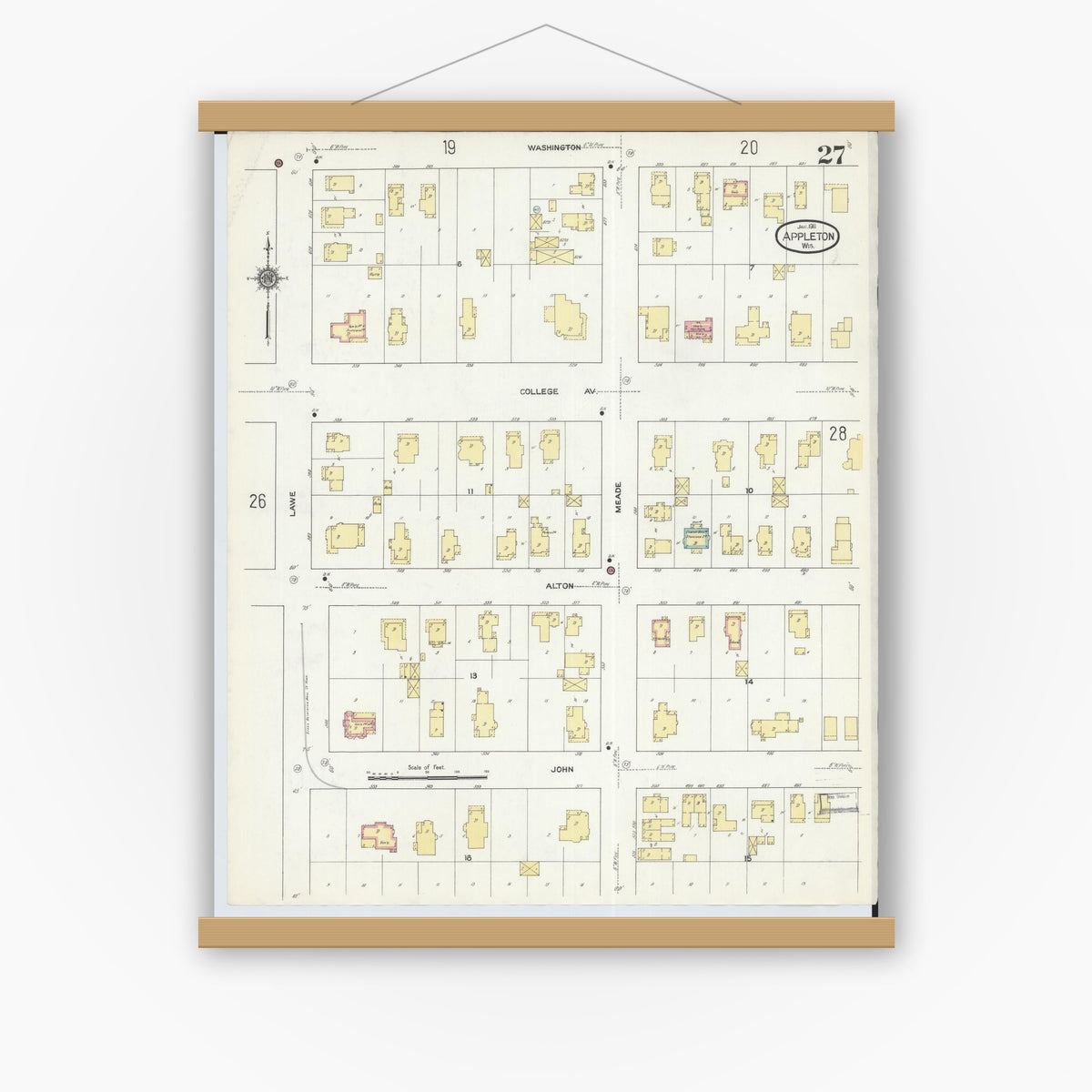 Old map wall art mockup — magnetic wood frame on white wall — Sanborn Fire Insurance Map from Appleton, Outagamie County, Wisconsin (1911), Sheet #0027