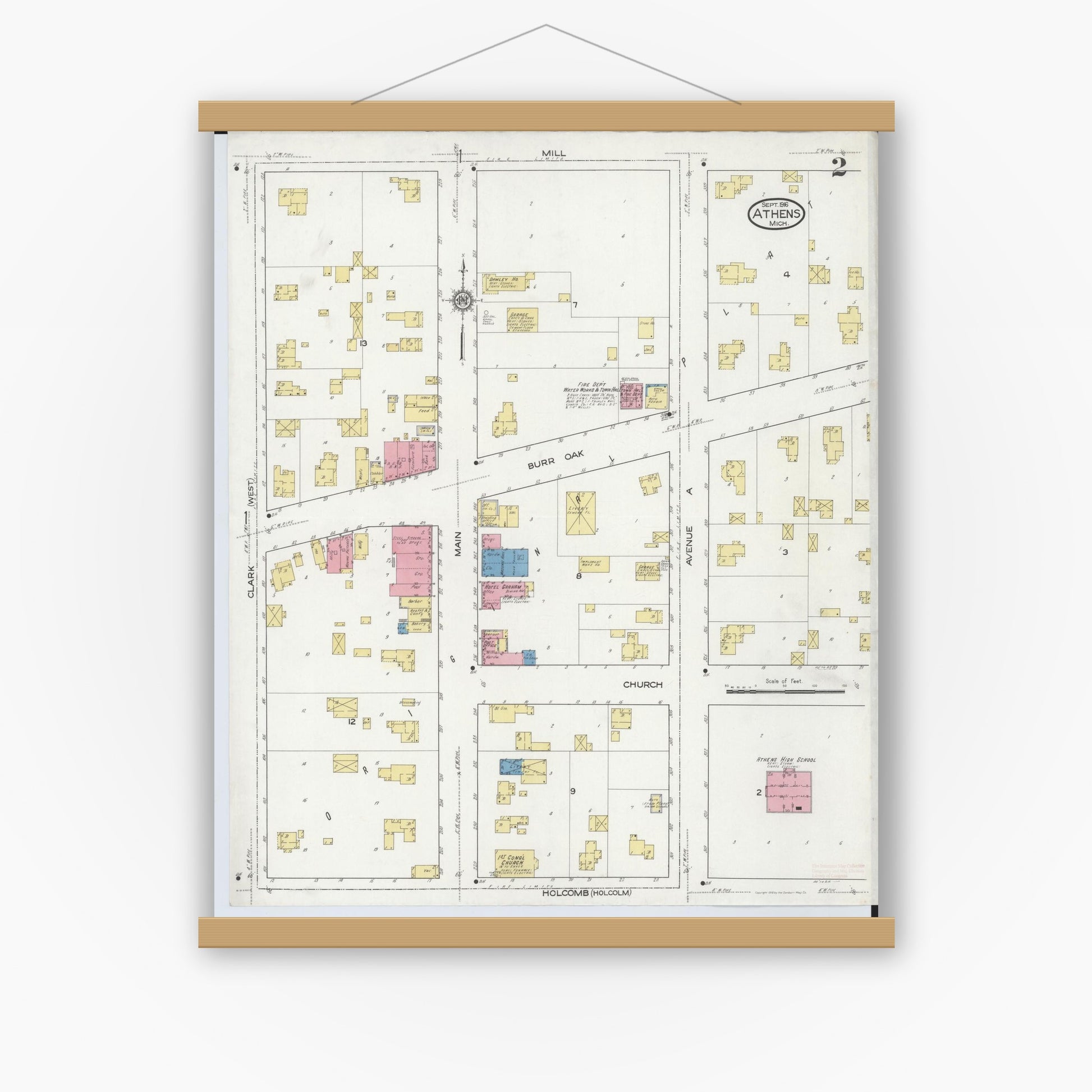 Old map wall art mockup — magnetic wood frame on white wall — Sanborn Fire Insurance Map from Athens, Calhoun County, Michigan (1916), Sheet #0002