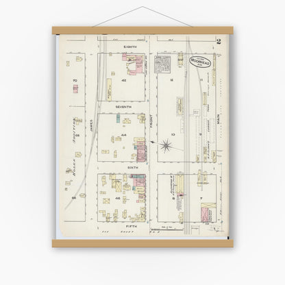 Old map wall art mockup — magnetic wood frame on white wall — Sanborn Fire Insurance Map from Moorhead, Clay County, Minnesota (1884), Sheet #0002