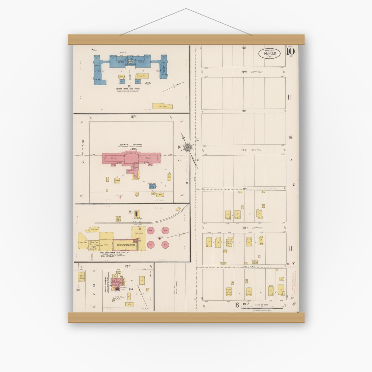 Old map wall art mockup — magnetic wood frame on white wall — Sanborn Fire Insurance Map from Merced, Merced County, California (1922), Sheet #0010