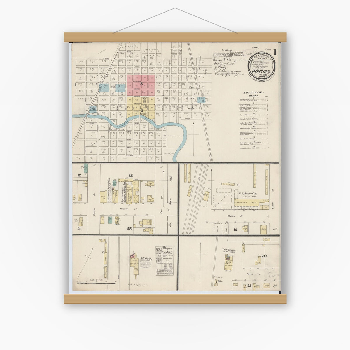 Old map wall art mockup — magnetic wood frame on white wall — Sanborn Fire Insurance Map from Pontiac, Livingston County, Illinois (1888), Sheet #0001