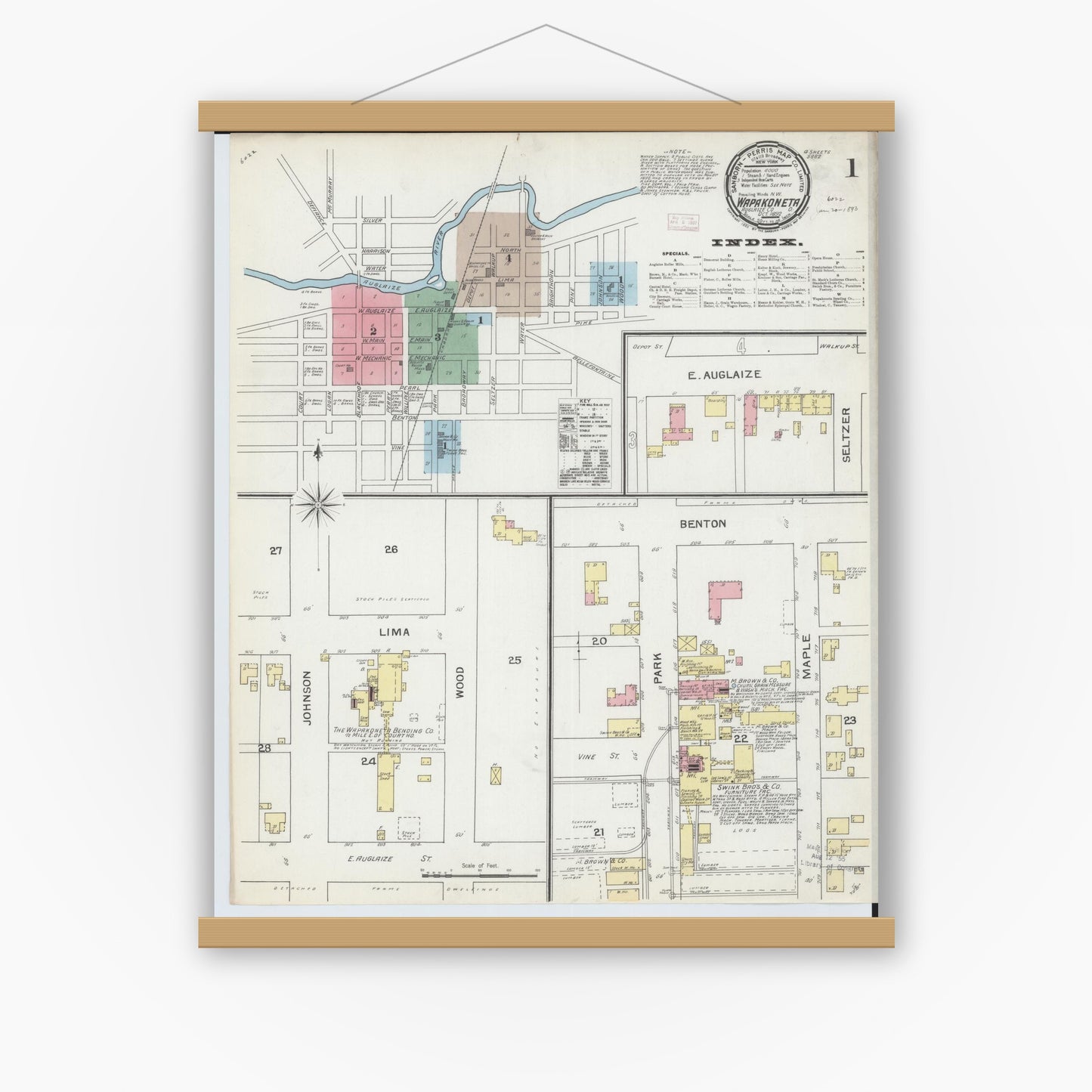 Old map wall art mockup — magnetic wood frame on white wall — Sanborn Fire Insurance Map from Wapakoneta, Auglaize County, Ohio (1892) - Complete Map Set