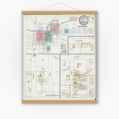Old map wall art mockup — magnetic wood frame on white wall — Sanborn Fire Insurance Map from Wapakoneta, Auglaize County, Ohio (1892) - Complete Map Set