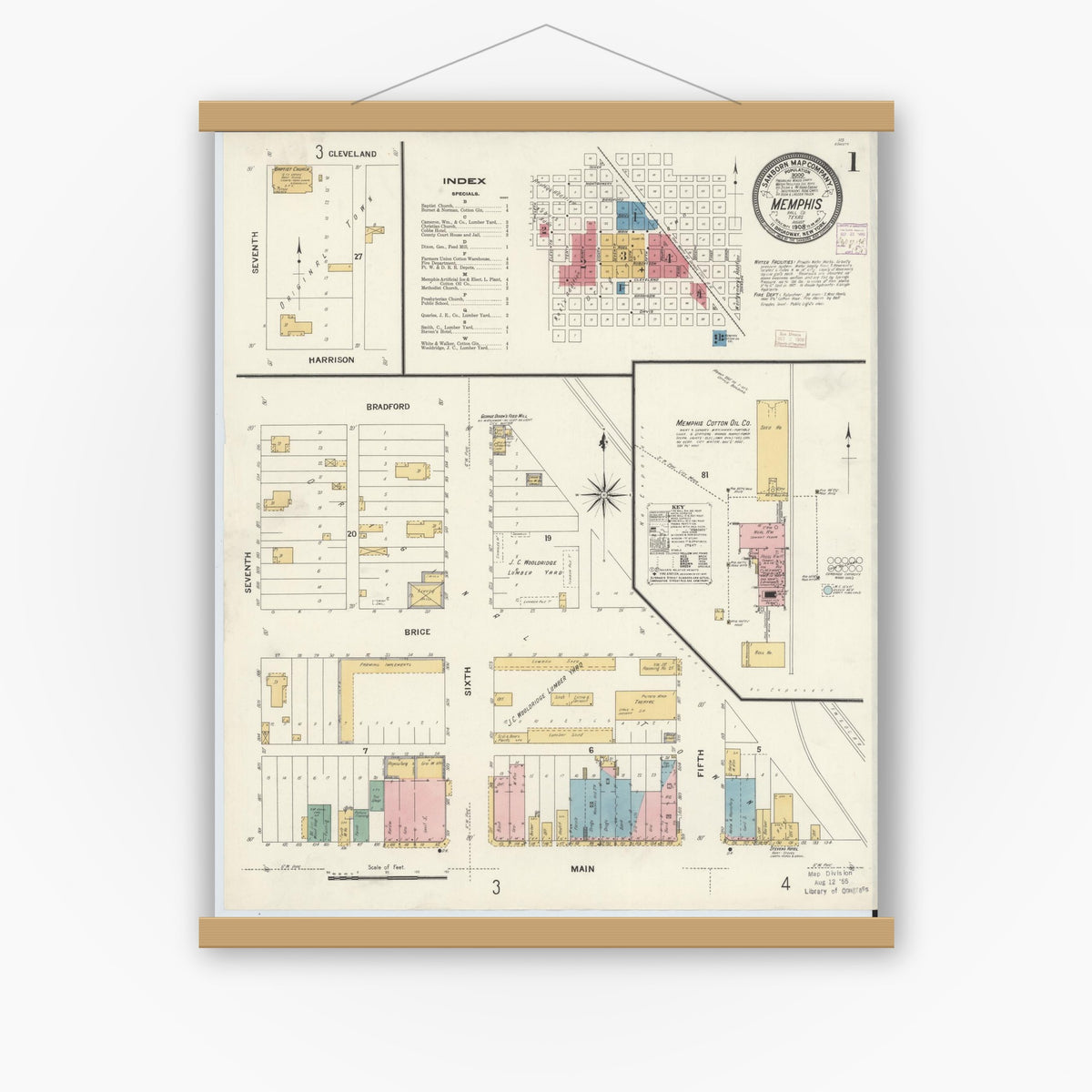 Old map wall art mockup — magnetic wood frame on white wall — Sanborn Fire Insurance Map from Memphis, Hall County, Texas (1908) - Complete Map Set