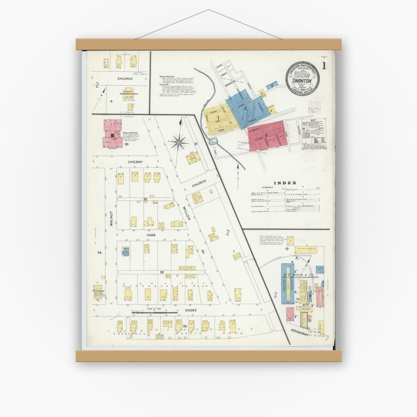 Old map wall art mockup — magnetic wood frame on white wall — Sanborn Fire Insurance Map from Swanton, Fulton County, Ohio (1908), Sheet #0001