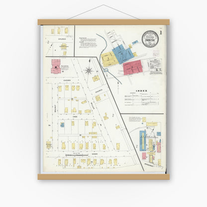Old map wall art mockup — magnetic wood frame on white wall — Sanborn Fire Insurance Map from Swanton, Fulton County, Ohio (1908), Sheet #0001
