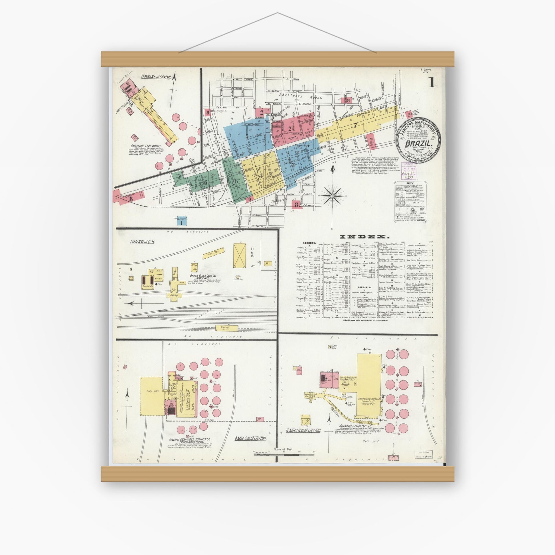 Old map wall art mockup — magnetic wood frame on white wall — Sanborn Fire Insurance Map from Brazil, Clay County, Indiana (1902) - Complete Map Set