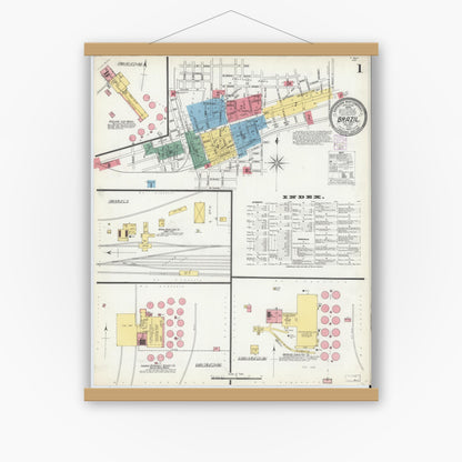 Old map wall art mockup — magnetic wood frame on white wall — Sanborn Fire Insurance Map from Brazil, Clay County, Indiana (1902) - Complete Map Set