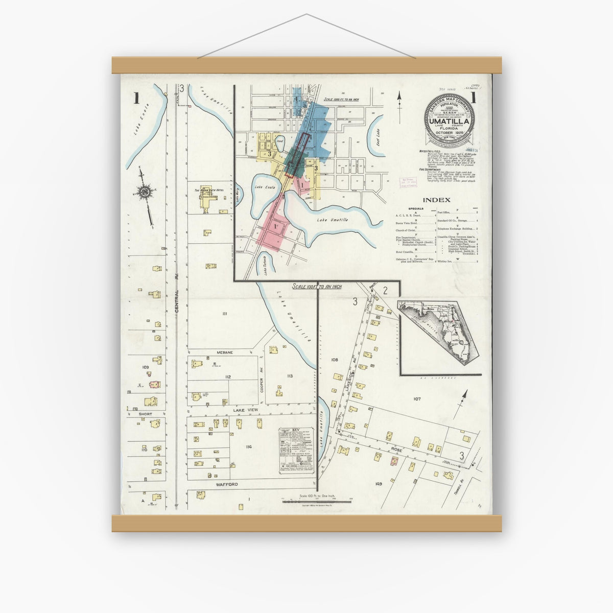 Old map wall art mockup — magnetic wood frame on white wall — Sanborn Fire Insurance Map from Umatilla, Lake County, Florida (1925), Sheet #0001