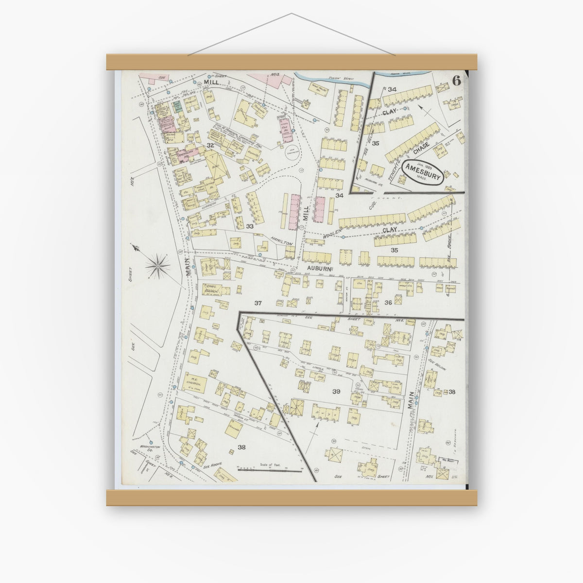 Old map wall art mockup — magnetic wood frame on white wall — Sanborn Fire Insurance Map from Amesbury, Essex County, Massachusetts (1889), Sheet #0006