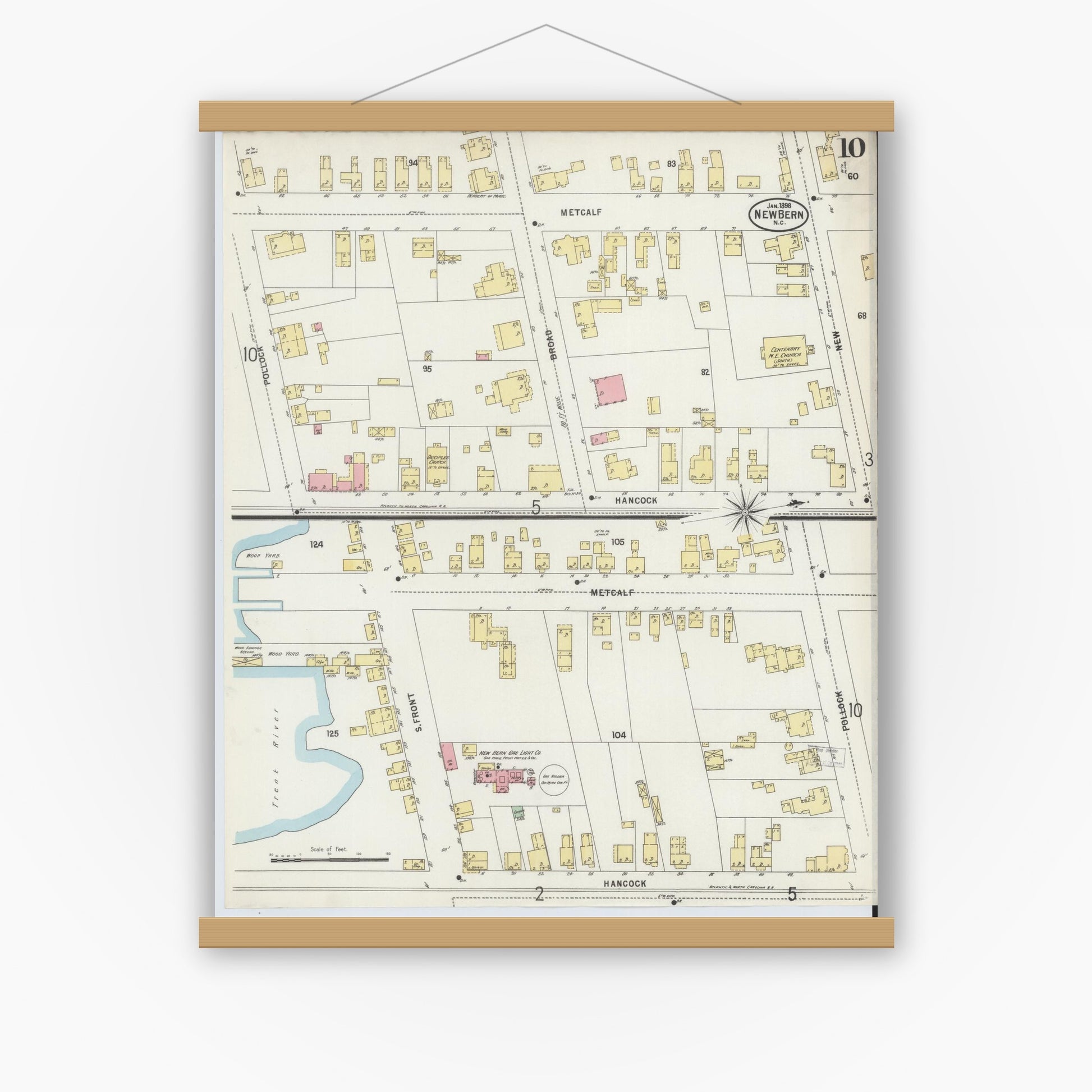 Old map wall art mockup — magnetic wood frame on white wall — Sanborn Fire Insurance Map from New Bern, Craven County, North Carolina (1898), Sheet #0010