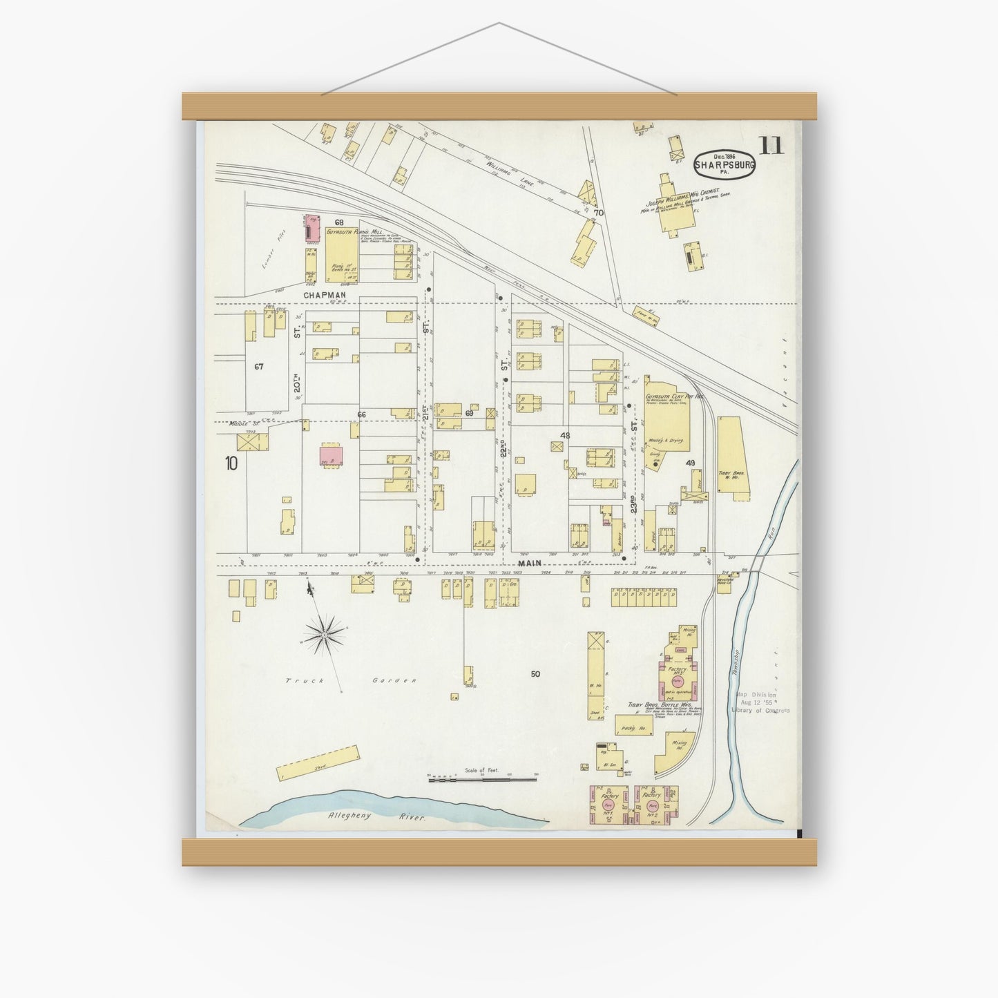 Old map wall art mockup — magnetic wood frame on white wall — Sanborn Fire Insurance Map from Sharpsburg, Allegheny County, Pennsylvania (1896), Sheet #0011