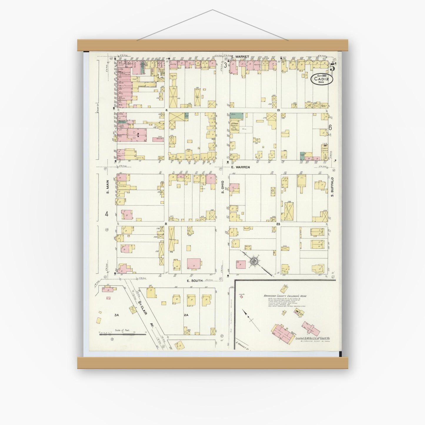 Old map wall art mockup — magnetic wood frame on white wall — Sanborn Fire Insurance Map from Cadiz, Harrison County, Ohio (1909), Sheet #0005